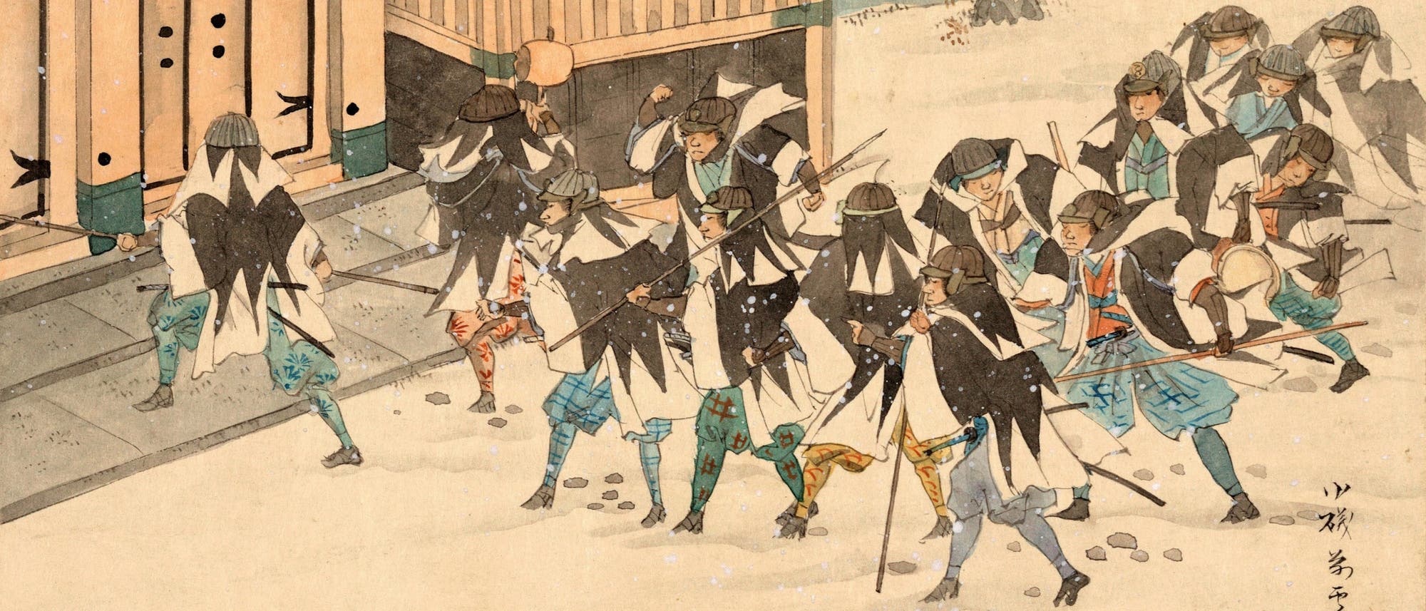 Bühnenszene eines Stücks über die 47 Rōnin, herrenlose Samurai, die ihren Fürsten rächen wollen und das Hause seines Konkurrenten überfallen.