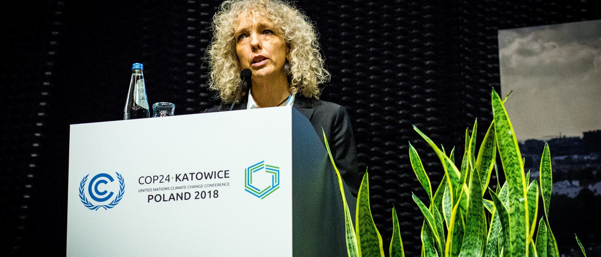 Eine Frau mit lockigem Haar spricht bei der COP24-Klimakonferenz in Kattowitz, Polen, 2018. Sie steht hinter einem Rednerpult mit dem Logo der Konferenz und einer Wasserflasche darauf. Im Vordergrund sind grüne Pflanzen zu sehen. Eine Frau mit lockigem Haar spricht bei der COP24-Klimakonferenz in Kattowitz, Polen, 2018. Sie steht hinter einem Rednerpult mit dem Logo der Konferenz und einer Wasserflasche darauf. Im Vordergrund sind grüne Pflanzen zu sehen.