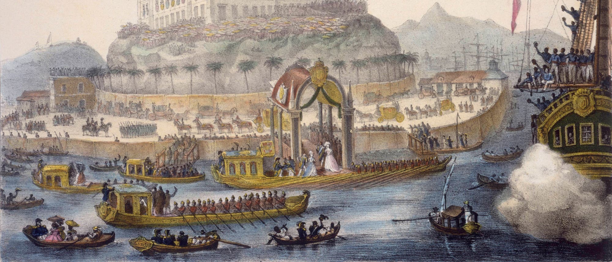 Kolorierte Lithographie, die die Ankunft der Habsburgerin Leopoldine auf Schiffen in Rio de Janeiro zeigt.