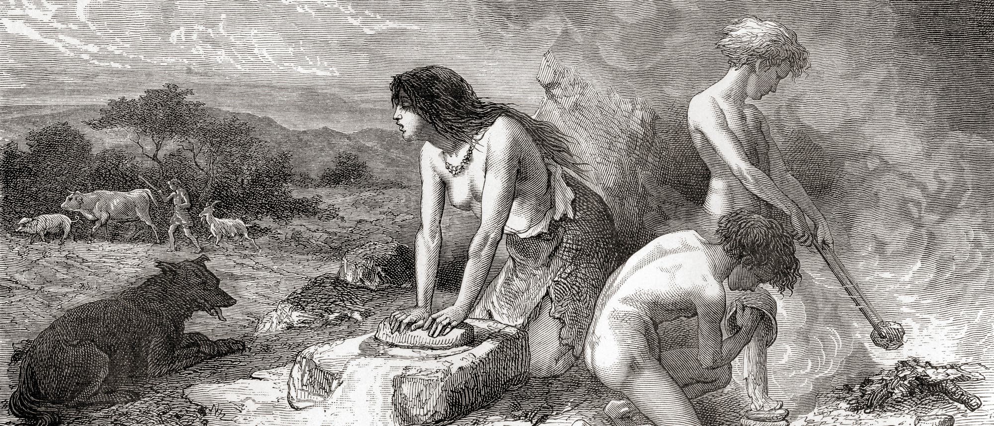 Eine Frau backt Brot, ihre Kinder helfen, und der Mann hütet das Vieh. Die Vorstellung vom Leben im Neolithikum erschien in dem Buch »L'Homme Primitif« aus dem Jahr 1870.