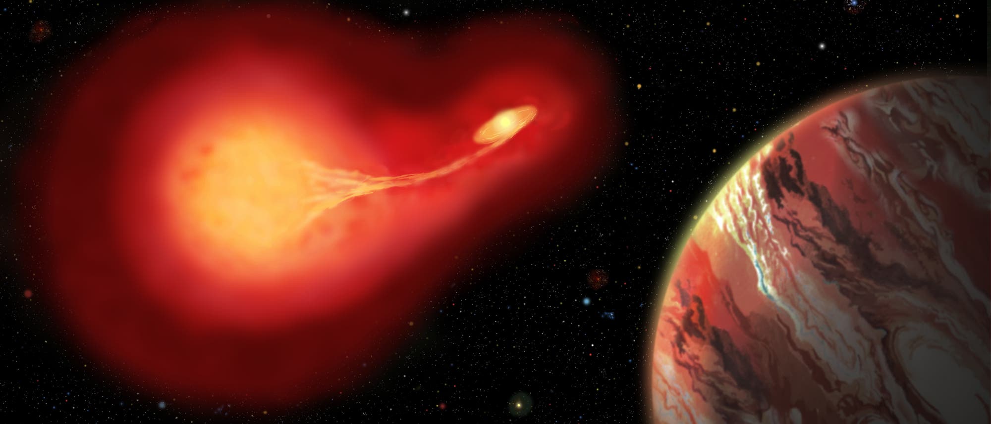 Sterbender Doppelstern tauscht Material mit seinem Begleiter aus, im Vordergrund Planet