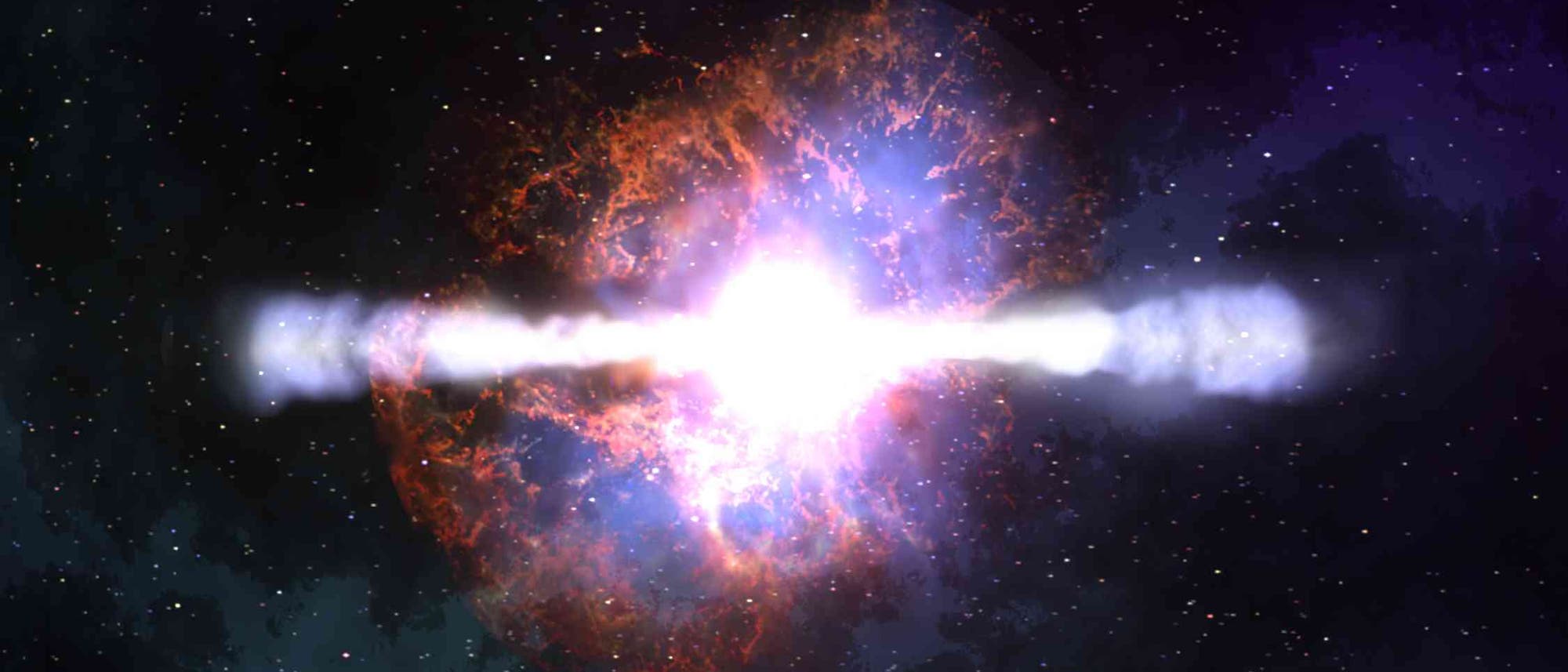 Bei einer Hypernova schleudert ein explodierender massereicher Stern Material nach außen.