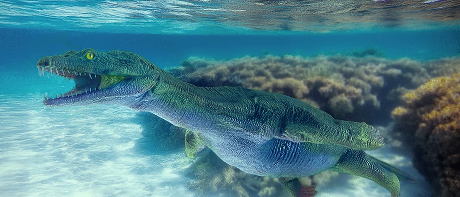 Eine 3-D-Darstellung eines prähistorischen Meeresreptils, das unter Wasser schwimmt. Das Reptil hat einen langen, schlanken Körper mit einem großen Maul voller scharfer Zähne. Die Umgebung zeigt klares, blaues Wasser und Korallen im Hintergrund. Die Szene vermittelt ein lebendiges Bild von der Unterwasserwelt der Urzeit.