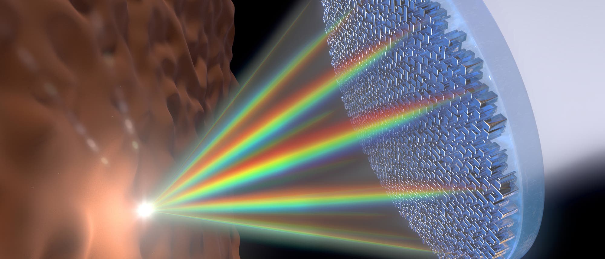 Ein nanostrukturiertes Plättchen bündelt alle Farben aus dem Spektrum  des weißen Lichts auf einen Punkt. Das soll etwa Untersuchungen an Gewebe erleichtern, wie in dieser Illustration.