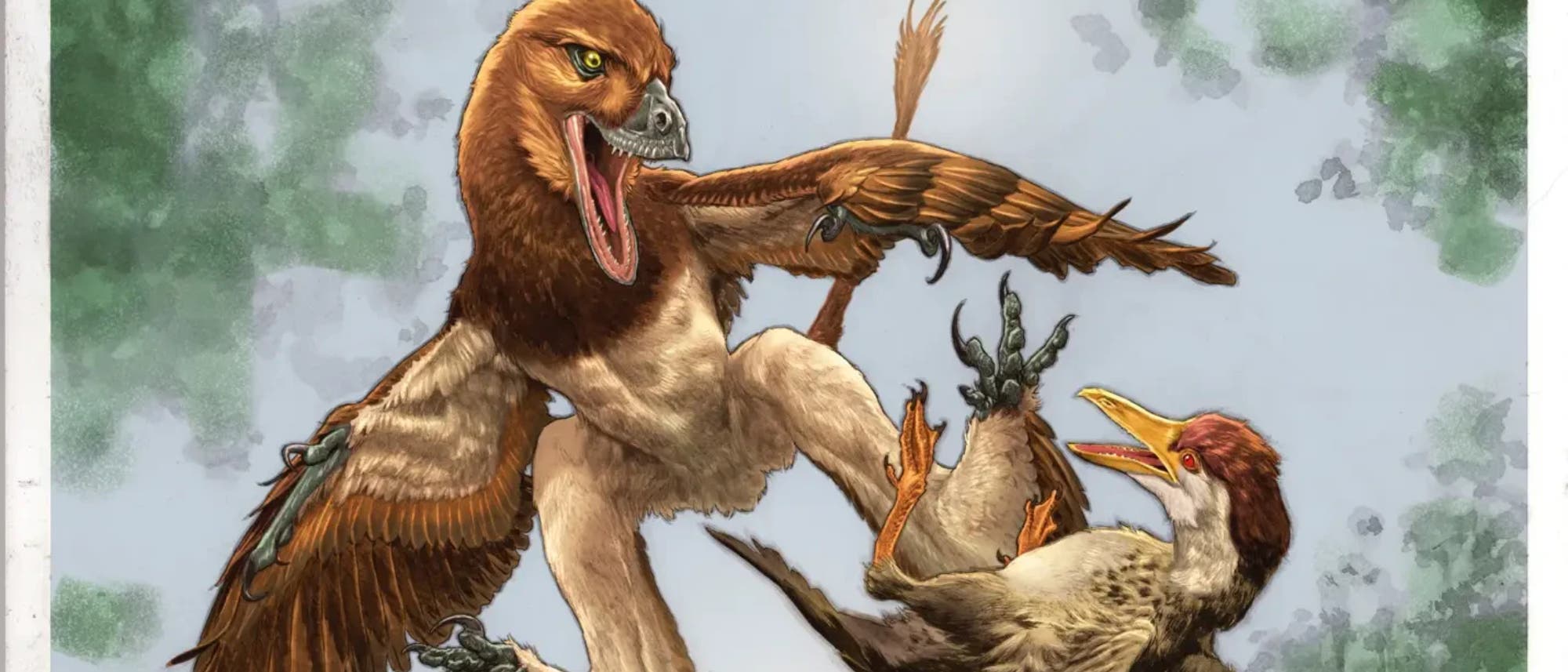 Eine künstlerische Darstellung zweier prähistorischer Vögel in einem dynamischen Kampf. Der größere Vogel, mit ausgebreiteten Flügeln und geöffnetem Schnabel, scheint den kleineren Vogel anzugreifen, der auf dem Rücken liegt und seine Krallen zur Verteidigung hebt. Die Szene ist in einem natürlichen Umfeld mit angedeutetem Laub im Hintergrund dargestellt. Die Illustration betont die Bewegung und Spannung zwischen den beiden Kreaturen. Eine künstlerische Darstellung zweier prähistorischer Vögel in einem dynamischen Kampf. Der größere Vogel, mit ausgebreiteten Flügeln und geöffnetem Schnabel, scheint den kleineren Vogel anzugreifen, der auf dem Rücken liegt und seine Krallen zur Verteidigung hebt. Die Szene ist in einem natürlichen Umfeld mit angedeutetem Laub im Hintergrund dargestellt. Die Illustration betont die Bewegung und Spannung zwischen den beiden Kreaturen.