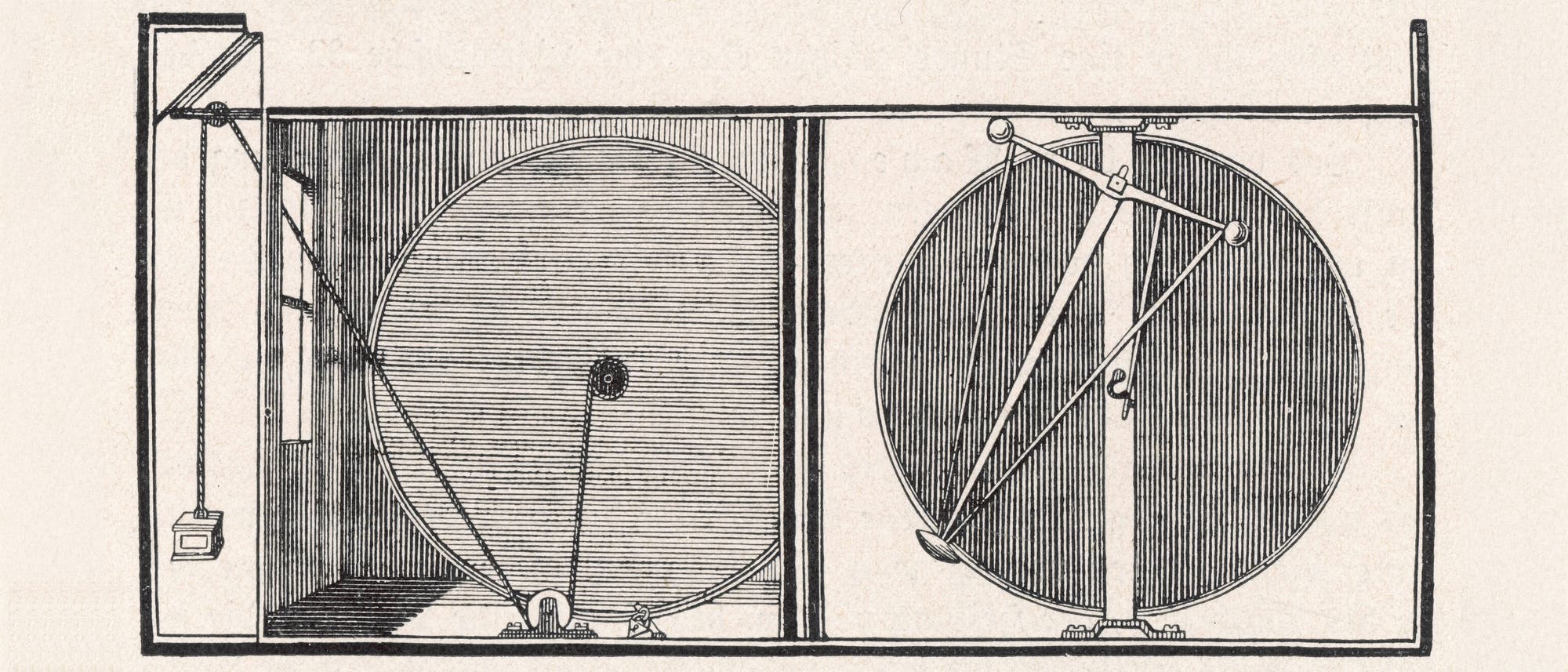 Eine historische Skizze zeigt das Perpetuum Mobile Orfyreanum. Die Abbildung besteht aus zwei gro&szlig;en, nebeneinander angeordneten Kreisen, die durch mechanische Elemente verbunden sind. Links ist ein Gewicht an einem Seil zu sehen, das &uuml;ber eine Rolle gef&uuml;hrt wird. Rechts sind Hebel und Stangen sichtbar, die mit dem Rad verbunden sind.