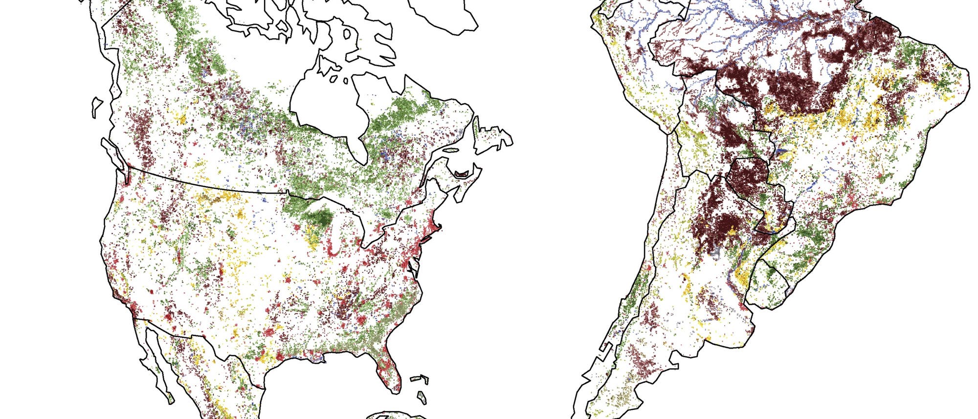 Eine Karte der Landschaftsveränderungen auf dem amerikanischen Kontinent zwischen 1992 und 2015