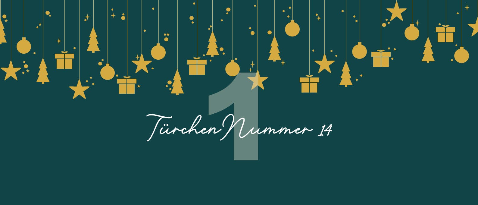 Ein festliches Bild mit einem dunkelgrünen Hintergrund, auf dem goldene Symbole wie Sterne, Tannenbäume, Kugeln und Geschenke von oben herabhängen. In der Mitte steht eine große, transparente Zahl "1". Darunter befindet sich der Text "Türchen Nummer 14" in eleganter, weißer Schrift. Das Bild vermittelt eine weihnachtliche Stimmung.