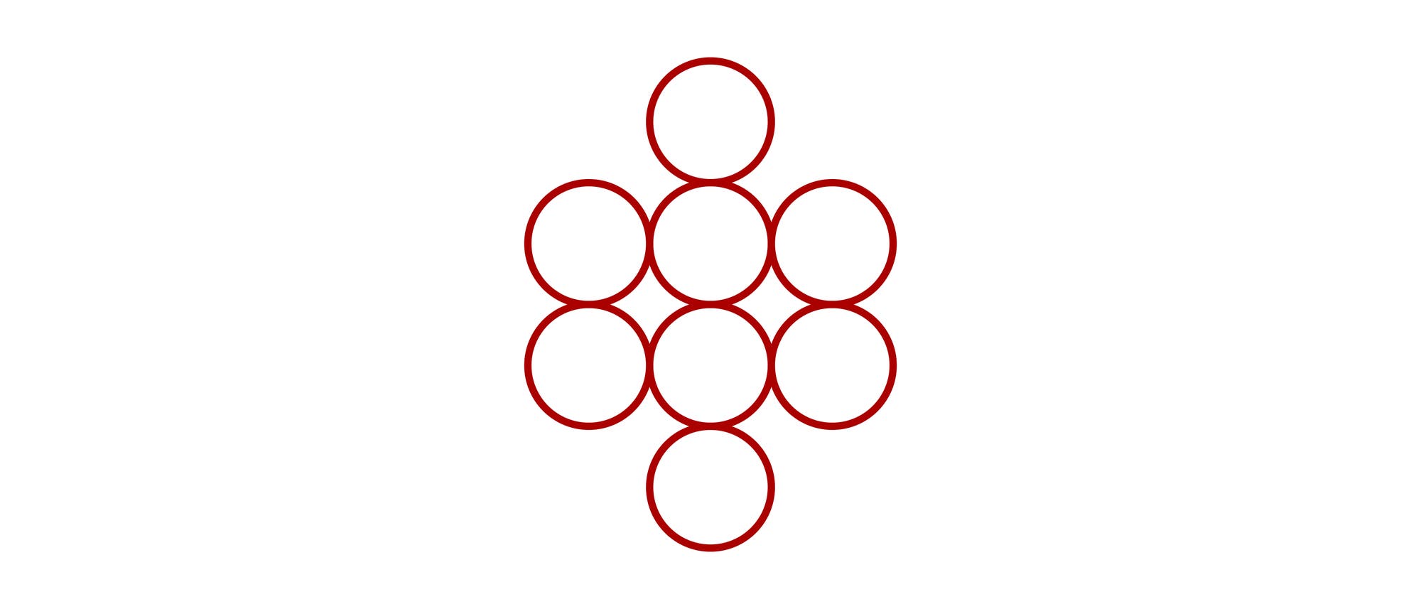 Eine Skizze zeigt sieben rote Kreise, die in einer pyramidenartigen Anordnung angeordnet sind. Die Kreise sind in vier Reihen gestapelt: eine Reihe mit einem Kreis oben, gefolgt von zwei Kreisen, dann drei Kreisen und schlie&szlig;lich einem Kreis unten. Die Kreise sind gleichm&auml;&szlig;ig verteilt und ber&uuml;hren sich an den R&auml;ndern.