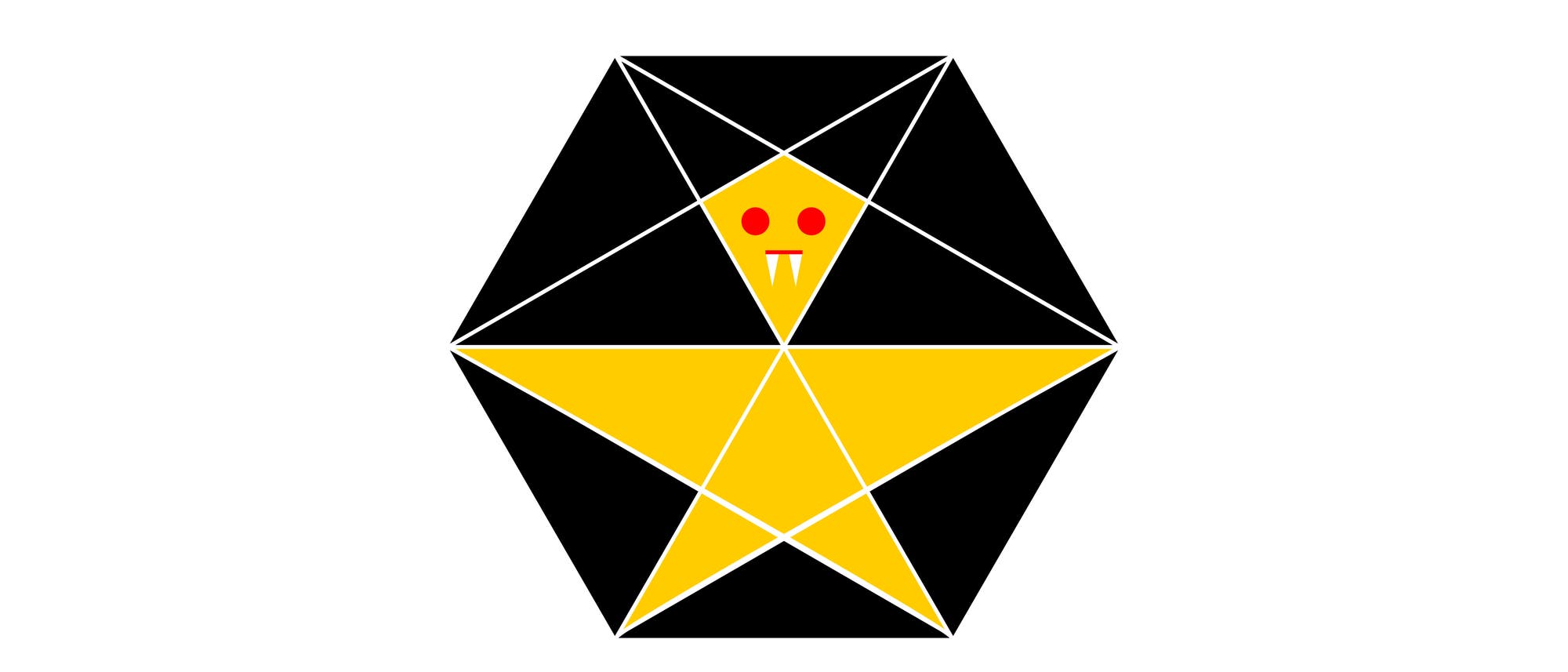 Eine geometrische Skizze zeigt ein sechseckiges Muster aus schwarzen und gelben Dreiecken. In der Mitte befindet sich ein gelbes Dreieck mit zwei roten Kreisen und zwei wei&szlig;en Dreiecken, die wie Augen und Z&auml;hne wirken. Das Design erinnert an ein stilisiertes Gesicht oder eine Maske.