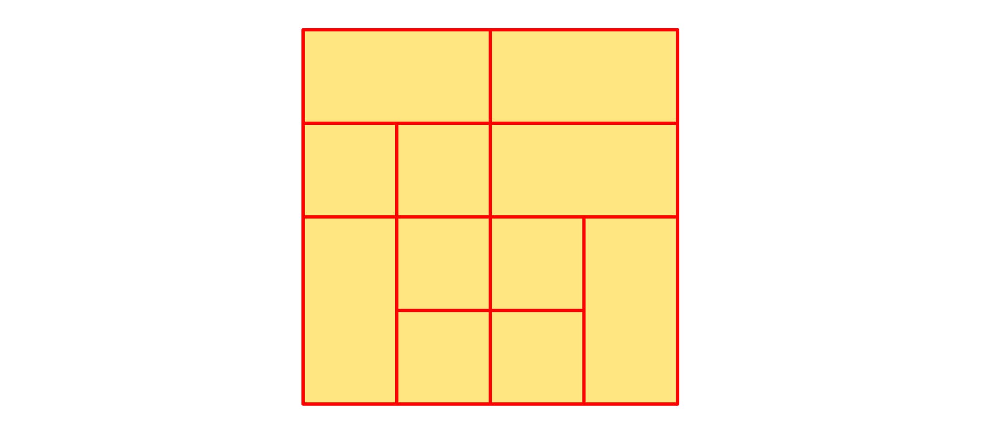 Ein Diagramm, das die Struktur des Goldenen Rechtecks zeigt. Es ist in mehrere kleinere Rechtecke und Quadrate unterteilt, die durch rote Linien voneinander getrennt sind. Die Anordnung folgt dem Prinzip des Goldenen Schnitts, wobei jedes kleinere Rechteck proportional zum gr&ouml;&szlig;eren ist. Der Hintergrund ist gelb, was die geometrischen Formen hervorhebt.