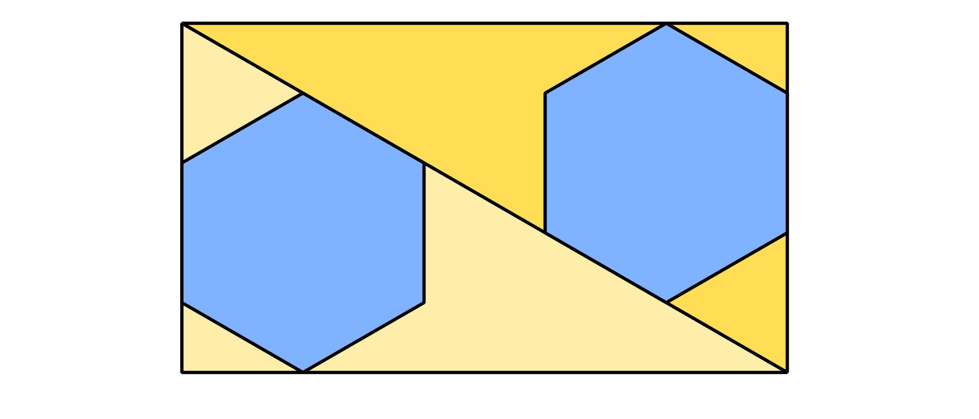 Eine geometrische Skizze zeigt ein Rechteck, das in mehrere farbige Formen unterteilt ist. Zwei große, blaue Sechsecke sind zentral platziert. Gelbe und hellgelbe Dreiecke und Trapeze füllen die restlichen Bereiche aus. Die Formen sind symmetrisch angeordnet und durch schwarze Linien voneinander getrennt. Eine geometrische Skizze zeigt ein Rechteck, das in mehrere farbige Formen unterteilt ist. Zwei große, blaue Sechsecke sind zentral platziert. Gelbe und hellgelbe Dreiecke und Trapeze füllen die restlichen Bereiche aus. Die Formen sind symmetrisch angeordnet und durch schwarze Linien voneinander getrennt.