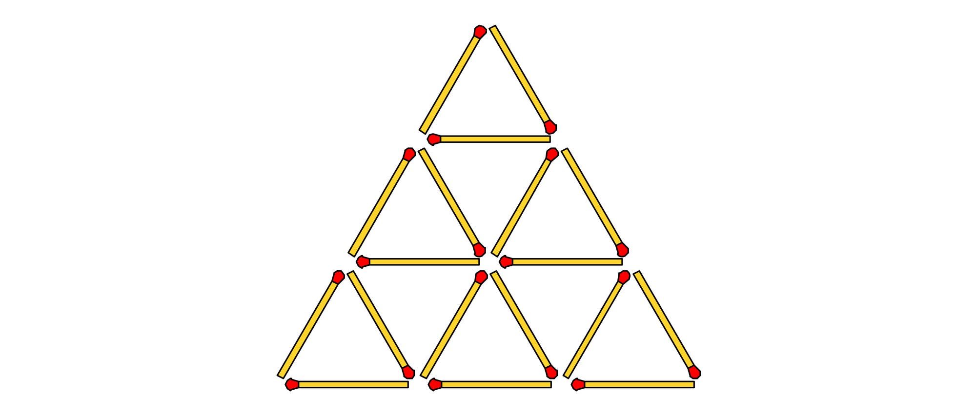 Eine Skizze zeigt ein geometrisches Muster aus Streichhölzern, die zu einer großen dreieckigen Form angeordnet sind. Diese besteht aus mehreren kleineren gleichseitigen Dreiecken. Die Streichhölzer sind gelb mit roten Enden. Das Bild veranschaulicht die Anordnung von Streichhölzern zur Bildung eines größeren Musters. Eine Skizze zeigt ein geometrisches Muster aus Streichhölzern, die zu einer großen dreieckigen Form angeordnet sind. Diese besteht aus mehreren kleineren gleichseitigen Dreiecken. Die Streichhölzer sind gelb mit roten Enden. Das Bild veranschaulicht die Anordnung von Streichhölzern zur Bildung eines größeren Musters.