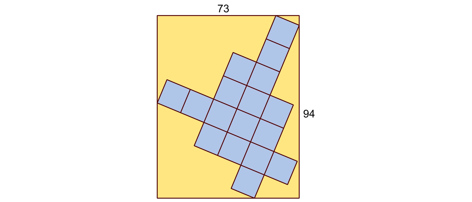 Eine Skizze zeigt ein gelbes Rechteck mit den Seitenl&auml;ngen 73 und 94. Innerhalb des Rechtecks ist eine blaue, schr&auml;g angeordnete Kreuzform aus kleineren Quadraten zu sehen. Die Skizze veranschaulicht die Anordnung der Quadrate innerhalb des Rechtecks.
