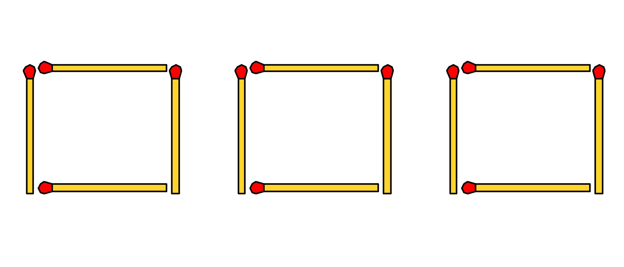 Drei nebeneinander angeordnete Quadrate, die jeweils aus vier Streichh&ouml;lzern gebildet sind. Die Streichh&ouml;lzer sind so platziert, dass sie die Seiten der Quadrate bilden, mit den roten K&ouml;pfen an den Ecken. Die Anordnung zeigt eine einfache geometrische Skizze, die die Bildung von Quadraten mit Streichh&ouml;lzern veranschaulicht.