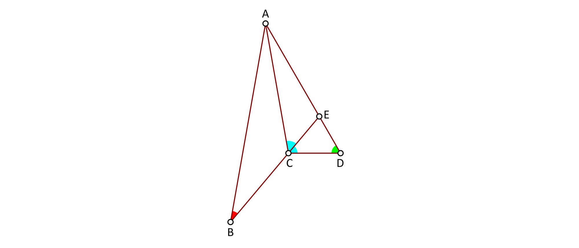 Eine geometrische Skizze zeigt ein komplexes Netz von Linien und Punkten. Die Punkte sind mit den Buchstaben A, B, C, D und E beschriftet. Linien verbinden die Punkte, um mehrere Dreiecke zu bilden. Die Winkel an den Punkten C und D sind farblich hervorgehoben, wobei der Winkel bei C blau und der bei D gr&uuml;n markiert ist. Der Winkel bei B ist rot markiert. Diese Skizze dient zur Veranschaulichung geometrischer Beziehungen und Winkelmessungen.