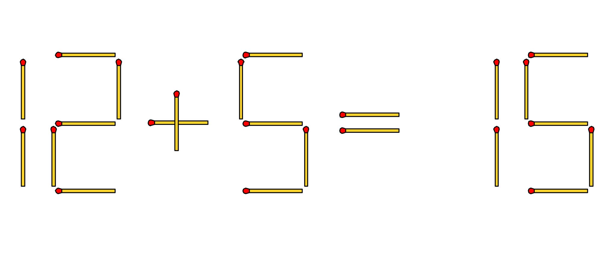 Eine Darstellung einer mathematischen Gleichung mit Streichh&ouml;lzern: Die Ziffern "12 + 5 = 15" sind aus gelben Streichh&ouml;lzern mit roten K&ouml;pfen geformt. Die Streichh&ouml;lzer bilden die Zahlen und das Plus- sowie Gleichheitszeichen.
