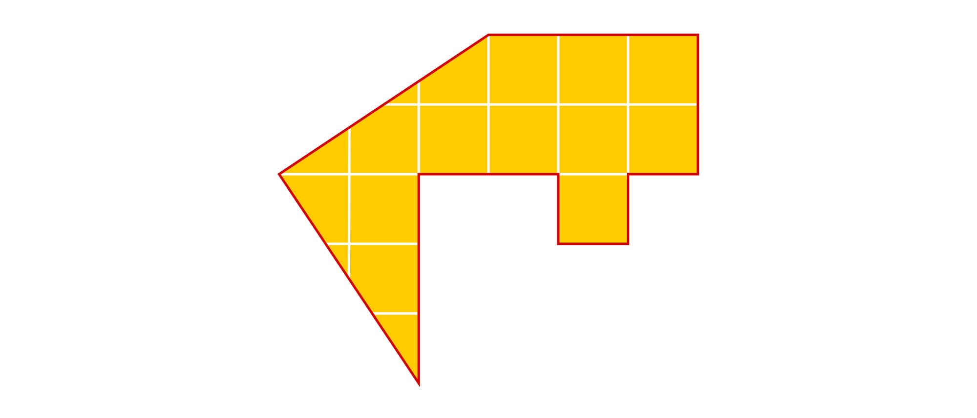 Eine geometrische Skizze zeigt eine gelbe, polygonale Form, die aus mehreren Quadraten besteht. Die Form hat eine unregelm&auml;&szlig;ige Struktur mit einem rechten Winkel und einer diagonalen Kante. Die Quadrate sind gleichm&auml;&szlig;ig angeordnet und durch rote Linien voneinander getrennt. Die Skizze veranschaulicht eine m&ouml;gliche Anordnung von Fl&auml;chen in einem geometrischen Kontext.