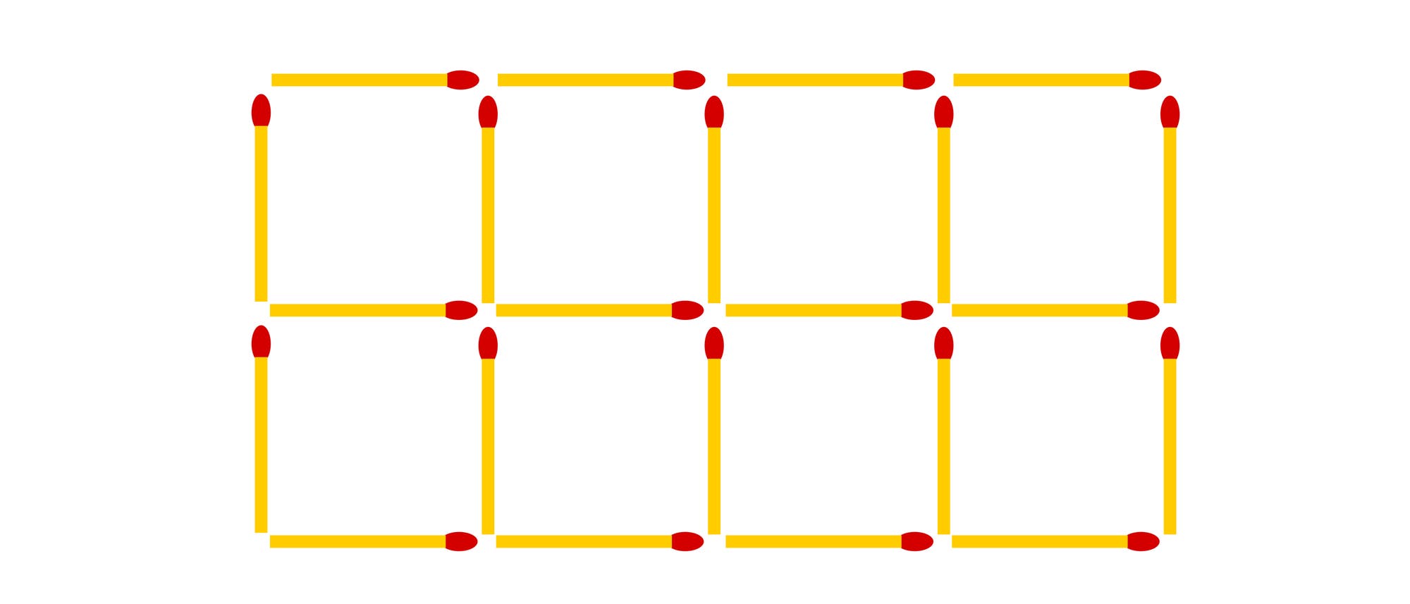 Eine Skizze zeigt ein Gitter aus 12 Streichhölzern, die zu einem Muster aus drei Reihen und drei Spalten von Quadraten angeordnet sind. Die Streichhölzer sind gelb mit roten Köpfen und bilden insgesamt neun gleich große Quadrate. Eine Skizze zeigt ein Gitter aus 12 Streichhölzern, die zu einem Muster aus drei Reihen und drei Spalten von Quadraten angeordnet sind. Die Streichhölzer sind gelb mit roten Köpfen und bilden insgesamt neun gleich große Quadrate.