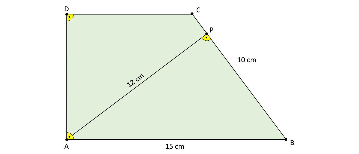 Eine geometrische Skizze eines Vierecks ABCD mit einem Punkt P auf der Linie BC. Die Seitenlängen sind AB = 15 cm, BC = 10 cm und AP = 12 cm. Die Winkel an den Punkten A, D und P sind markiert. Die Skizze zeigt die Anordnung der Punkte und Linien, um die geometrischen Beziehungen zu verdeutlichen. Eine geometrische Skizze eines Vierecks ABCD mit einem Punkt P auf der Linie BC. Die Seitenlängen sind AB = 15 cm, BC = 10 cm und AP = 12 cm. Die Winkel an den Punkten A, D und P sind markiert. Die Skizze zeigt die Anordnung der Punkte und Linien, um die geometrischen Beziehungen zu verdeutlichen.