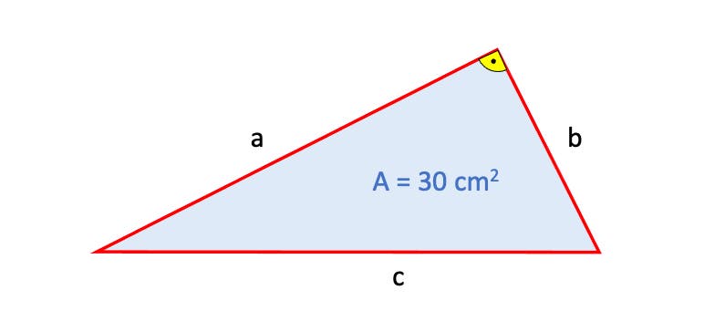 Eine Skizze eines rechtwinkligen Dreiecks mit den Seiten a, b und c. Der rechte Winkel ist gelb markiert. Die Fl&auml;che des Dreiecks betr&auml;gt 30 Quadratzentimeter, was in der Mitte des Dreiecks angegeben ist. Die Seiten sind rot umrandet.