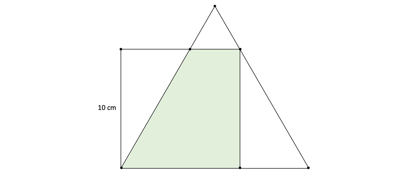 Eine geometrische Skizze zeigt ein Trapez, das in ein größeres Dreieck eingebettet ist. Das Trapez ist grün schattiert und hat eine Höhe von 10 cm, die links angegeben ist. Die Skizze veranschaulicht die Beziehung zwischen den beiden Formen und hebt die gemeinsame Basis hervor. Eine geometrische Skizze zeigt ein Trapez, das in ein größeres Dreieck eingebettet ist. Das Trapez ist grün schattiert und hat eine Höhe von 10 cm, die links angegeben ist. Die Skizze veranschaulicht die Beziehung zwischen den beiden Formen und hebt die gemeinsame Basis hervor.
