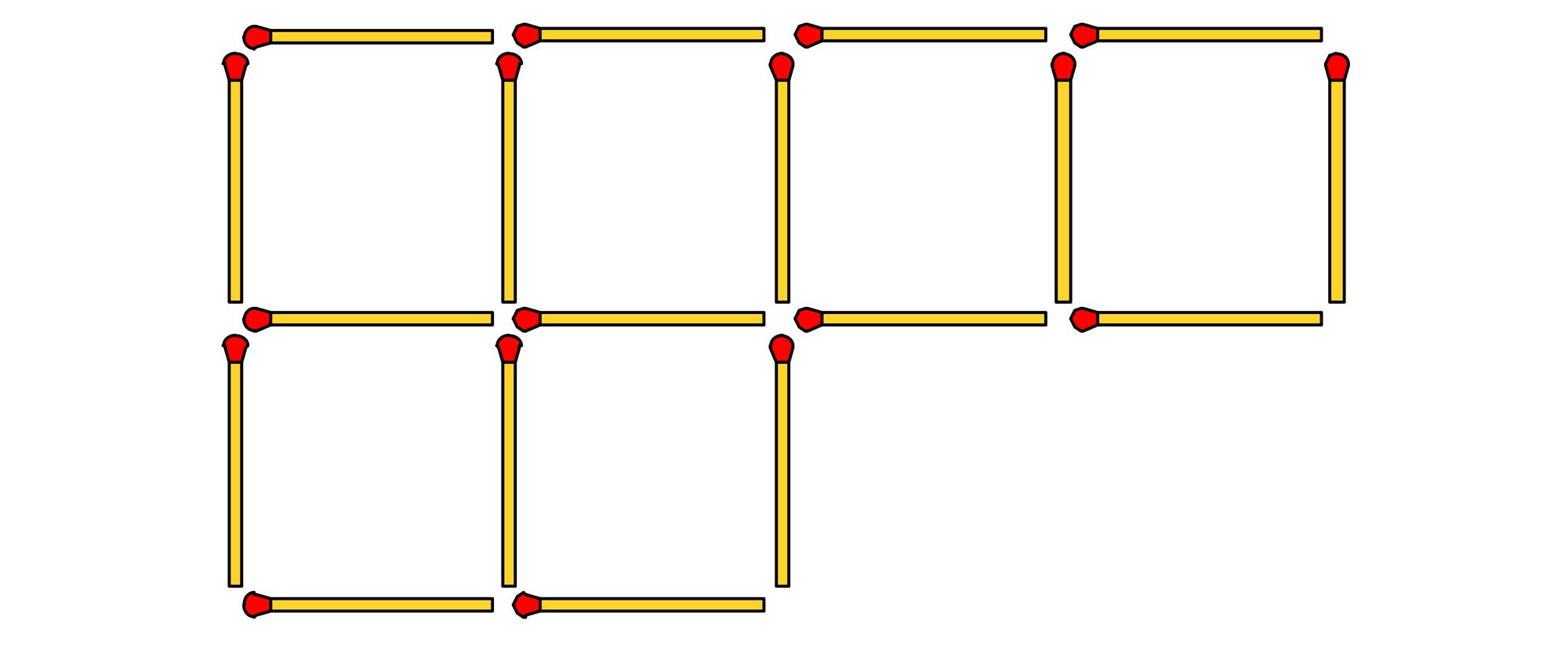 Eine Skizze zeigt ein Gitter aus Streichh&ouml;lzern, die zu sieben Quadraten angeordnet sind. Die Streichh&ouml;lzer sind so platziert, dass sie die Kanten der Quadrate bilden, wobei die roten K&ouml;pfe an den Ecken sichtbar sind. Die Anordnung besteht aus zwei Reihen, wobei die obere Reihe vier Quadrate und die untere Reihe drei Quadrate enth&auml;lt. Die Skizze veranschaulicht ein einfaches geometrisches Muster.