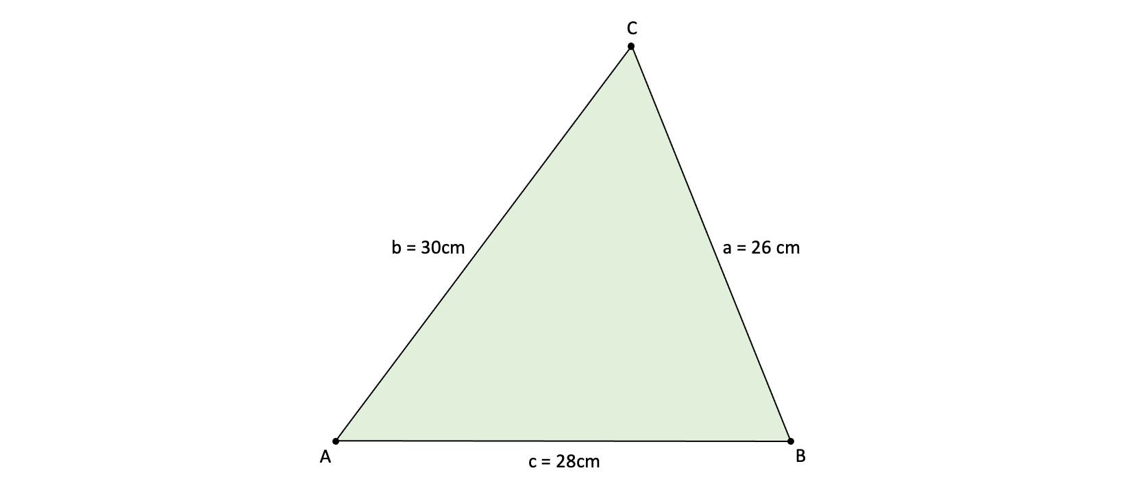 Ein gleichseitiges Dreieck mit den Eckpunkten A, B und C. Die Seitenl&auml;ngen sind angegeben: a = 26 cm, b = 30 cm, c = 28 cm. Das Dreieck ist gr&uuml;n schattiert.