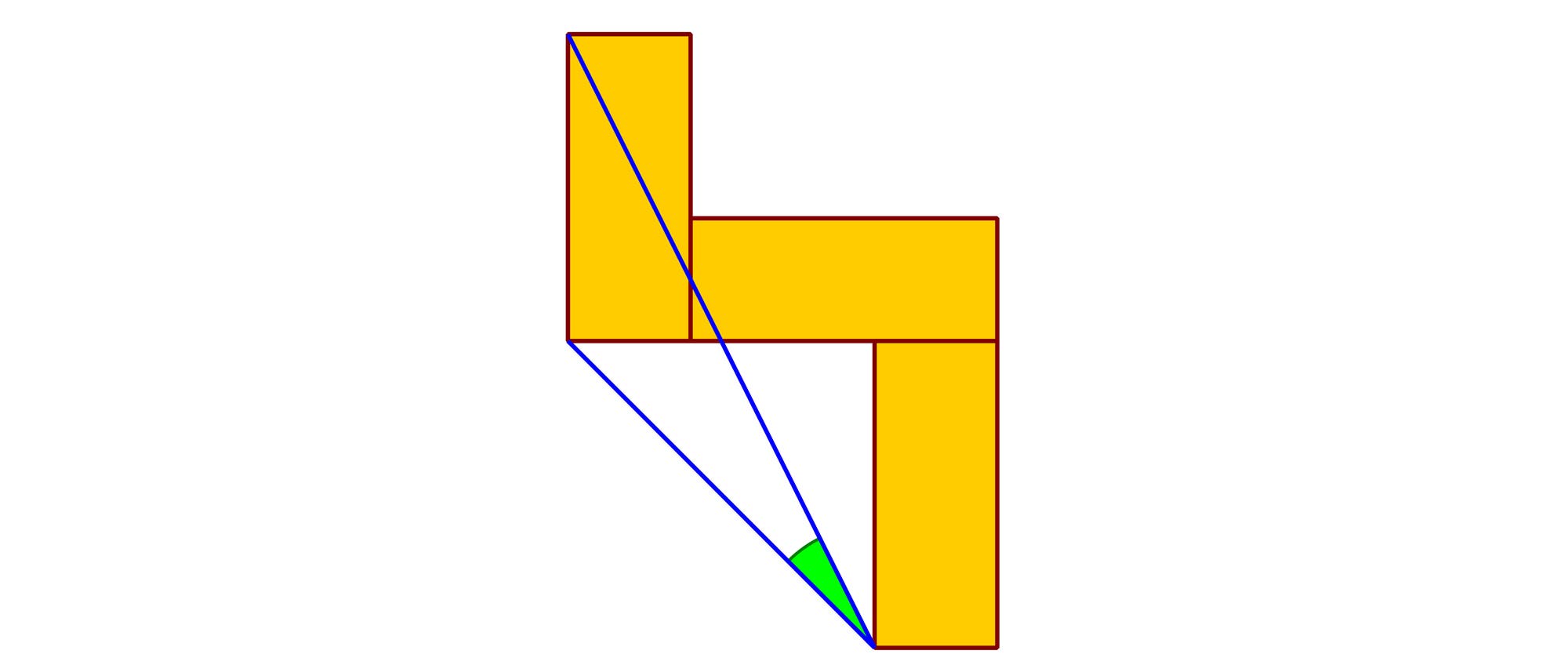 Eine geometrische Skizze zeigt zwei gelbe, rechtwinklige Formen, die aneinandergrenzen und ein L-förmiges Muster bilden. Von der oberen linken Ecke der oberen Form verlaufen zwei blaue Linien diagonal nach unten rechts, die einen grünen Winkel einschließen. Die Linien und der Winkel heben geometrische Beziehungen hervor. Eine geometrische Skizze zeigt zwei gelbe, rechtwinklige Formen, die aneinandergrenzen und ein L-förmiges Muster bilden. Von der oberen linken Ecke der oberen Form verlaufen zwei blaue Linien diagonal nach unten rechts, die einen grünen Winkel einschließen. Die Linien und der Winkel heben geometrische Beziehungen hervor.