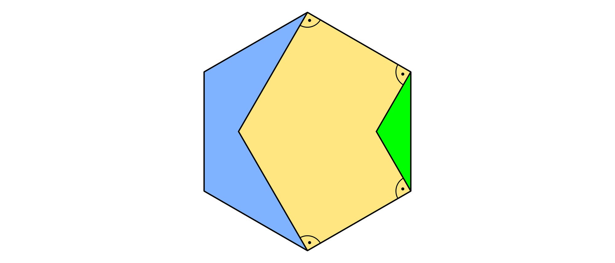 Eine sechseckige Skizze zeigt ein geometrisches Muster mit drei unterschiedlich gef&auml;rbten Fl&auml;chen: blau, gelb und gr&uuml;n. Die gelbe Fl&auml;che bildet das Zentrum, w&auml;hrend die blaue und gr&uuml;ne Fl&auml;che an den Seiten angrenzen. An den Ecken sind Winkel mit kleinen Kreisb&ouml;gen markiert. Die Skizze veranschaulicht die Beziehung zwischen den Fl&auml;chen und Winkeln in einem geometrischen Kontext.