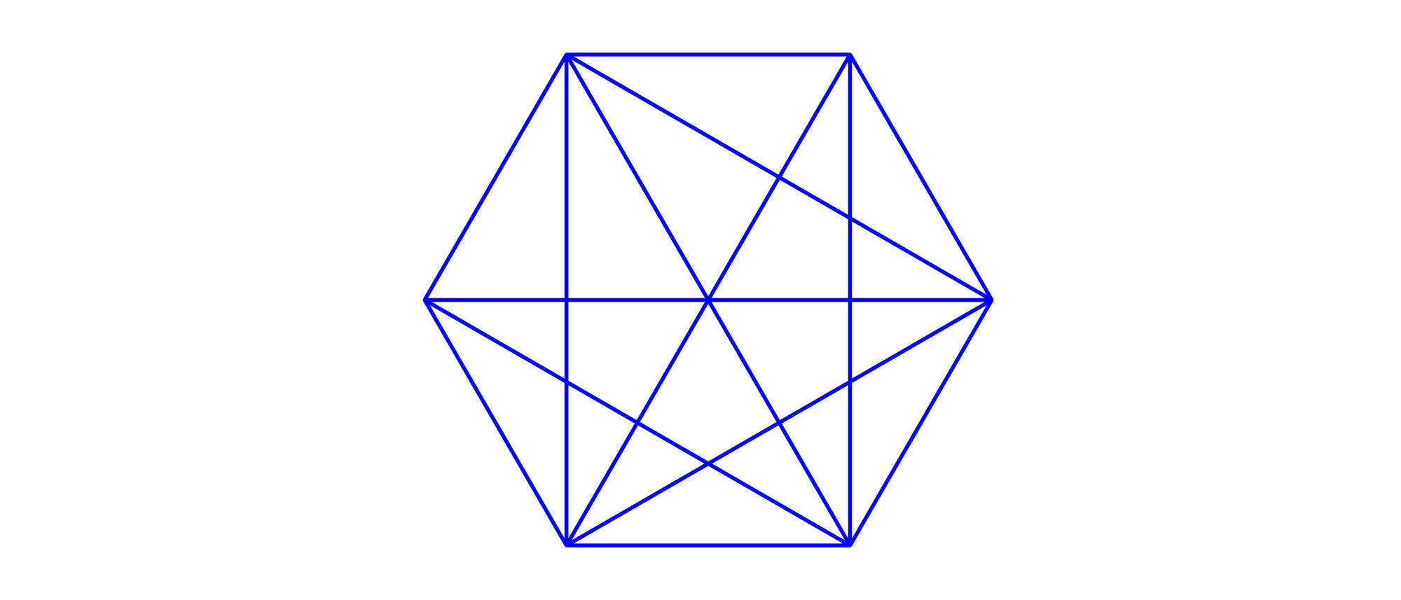 Eine blaue geometrische Skizze eines Sechsecks, das aus mehreren Dreiecken und Linien besteht. Die Linien verbinden die Ecken des Sechsecks und bilden ein symmetrisches Muster.