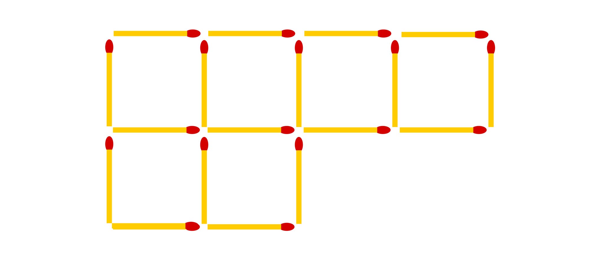 Eine Skizze zeigt eine Anordnung von Streichhölzern, die fünf quadratische Formen bilden. Die Streichhölzer sind so platziert, dass sie zwei Reihen mit jeweils drei Quadraten oben und zwei Quadraten unten bilden. Die Köpfe der Streichhölzer sind rot, und die Stiele sind gelb. Diese Anordnung kann als visuelles Rätsel oder Puzzle dienen. Eine Skizze zeigt eine Anordnung von Streichhölzern, die fünf quadratische Formen bilden. Die Streichhölzer sind so platziert, dass sie zwei Reihen mit jeweils drei Quadraten oben und zwei Quadraten unten bilden. Die Köpfe der Streichhölzer sind rot, und die Stiele sind gelb. Diese Anordnung kann als visuelles Rätsel oder Puzzle dienen.