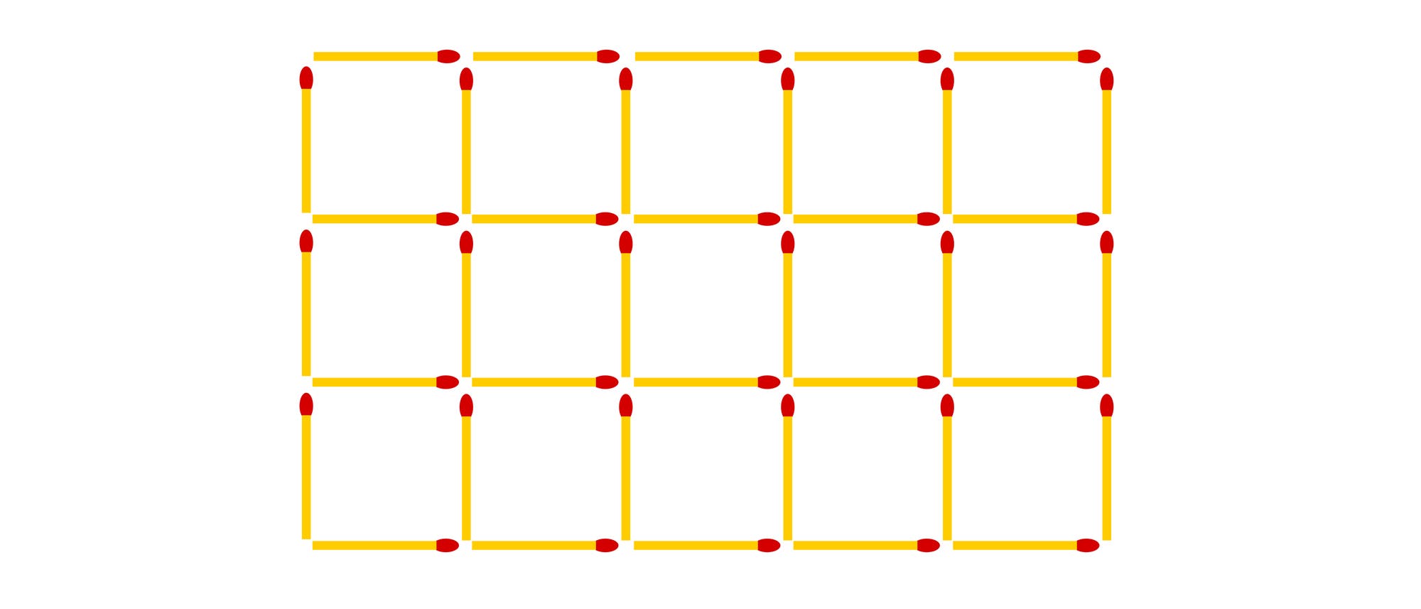 Eine Skizze zeigt ein Gitter aus 16 Quadraten, die aus gelben Streichhölzern gebildet sind. Die Streichhölzer sind so angeordnet, dass sie ein regelmäßiges Muster bilden, wobei die roten Köpfe der Streichhölzer an den Ecken der Quadrate sichtbar sind. Das Bild veranschaulicht ein einfaches geometrisches Konzept, das möglicherweise für ein mathematisches oder logisches Rätsel verwendet wird. Eine Skizze zeigt ein Gitter aus 16 Quadraten, die aus gelben Streichhölzern gebildet sind. Die Streichhölzer sind so angeordnet, dass sie ein regelmäßiges Muster bilden, wobei die roten Köpfe der Streichhölzer an den Ecken der Quadrate sichtbar sind. Das Bild veranschaulicht ein einfaches geometrisches Konzept, das möglicherweise für ein mathematisches oder logisches Rätsel verwendet wird.