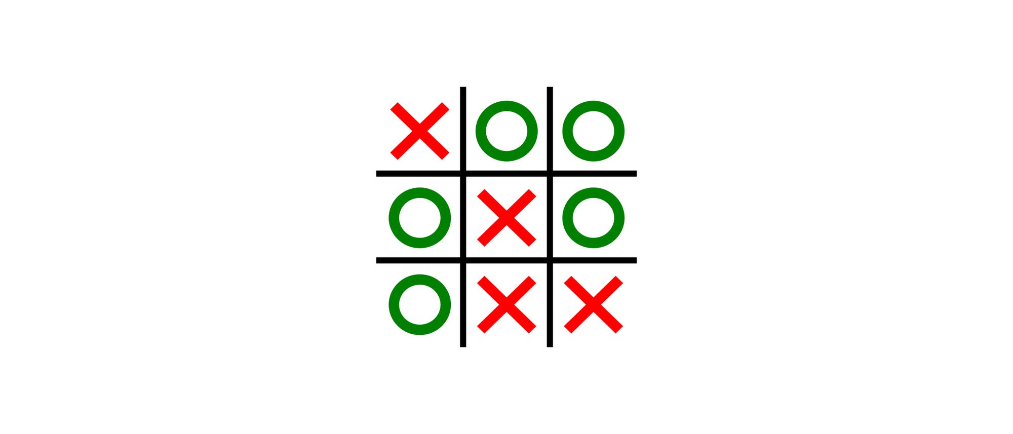 Ein Tic-Tac-Toe-Spielbrett mit einem 3x3-Raster. Die Symbole "X" in Rot und "O" in Gr&uuml;n sind abwechselnd in den Feldern platziert. Die mittlere horizontale Reihe zeigt drei rote "X", was einen Gewinn f&uuml;r die "X"-Spieler darstellt.