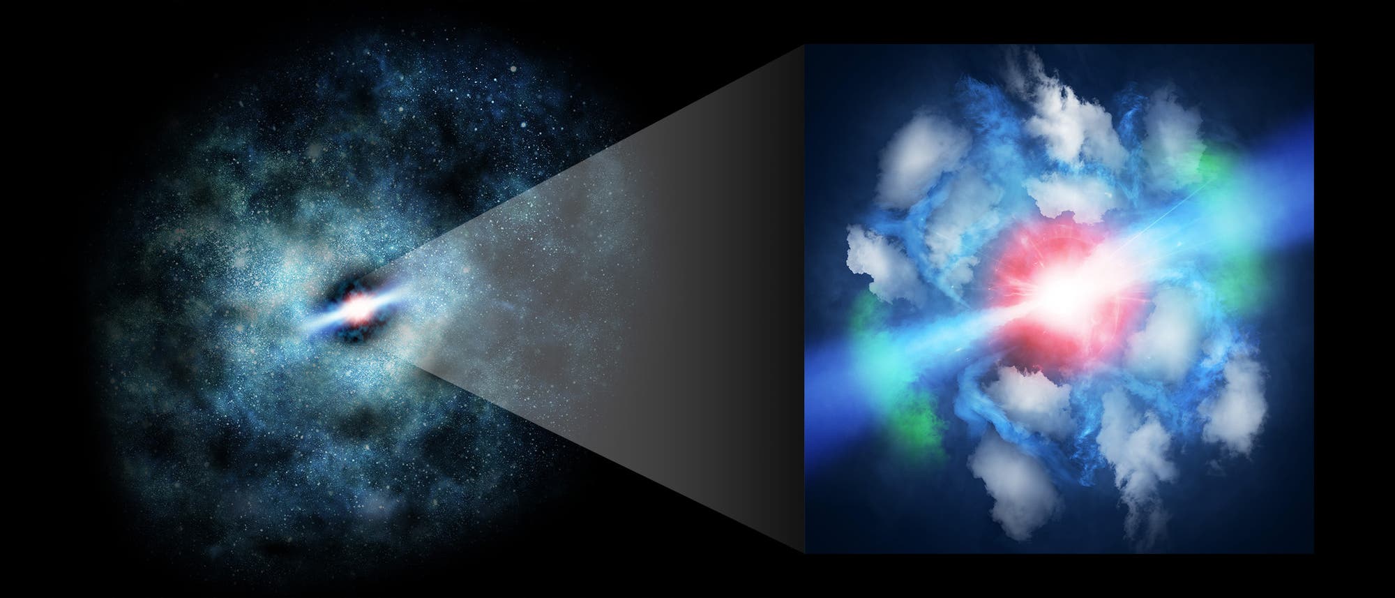 Künstlerische Darstellung: Ein Schwarzes Loch feuert Jets durch Gaswolken