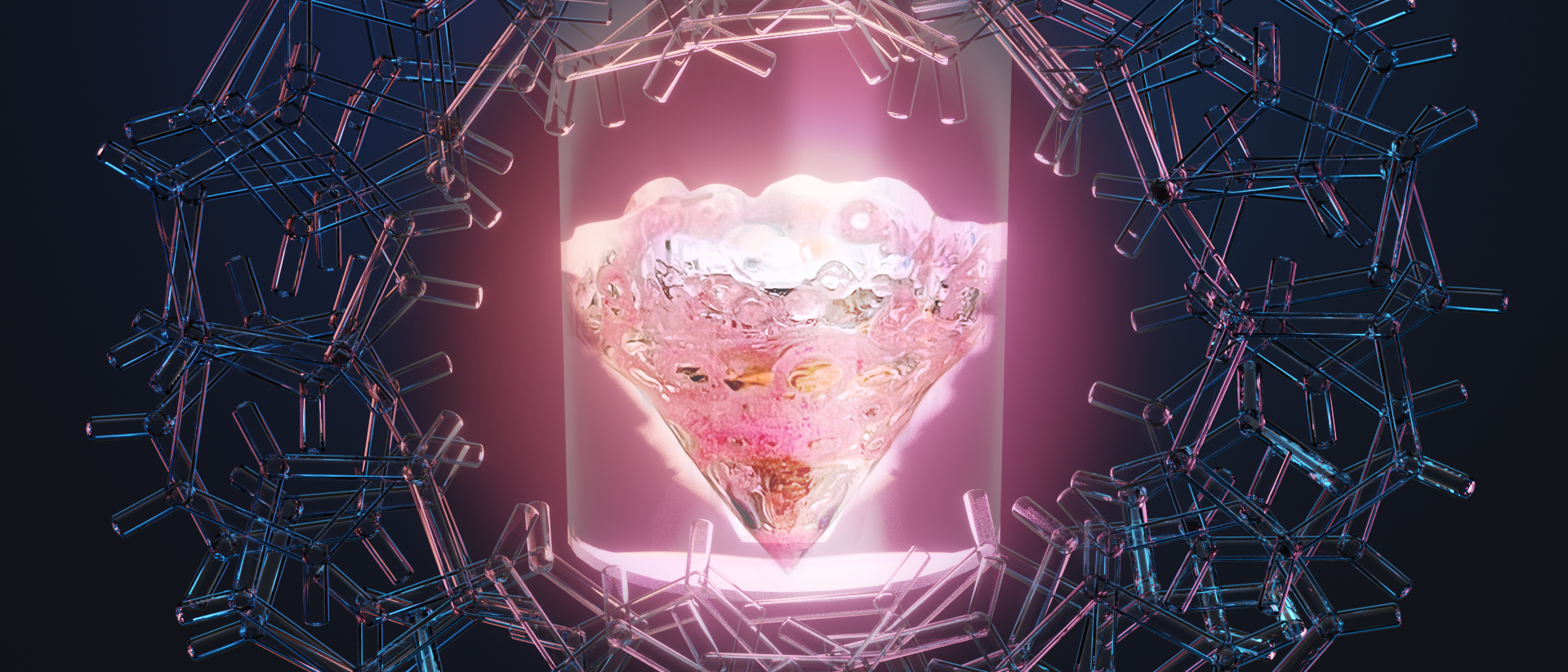 eine künstlerische Darstellung zeigt einen rosa leuchtenden Kristall, umgeben von abstrakten Molekülen auf schwarzem Hintergrund