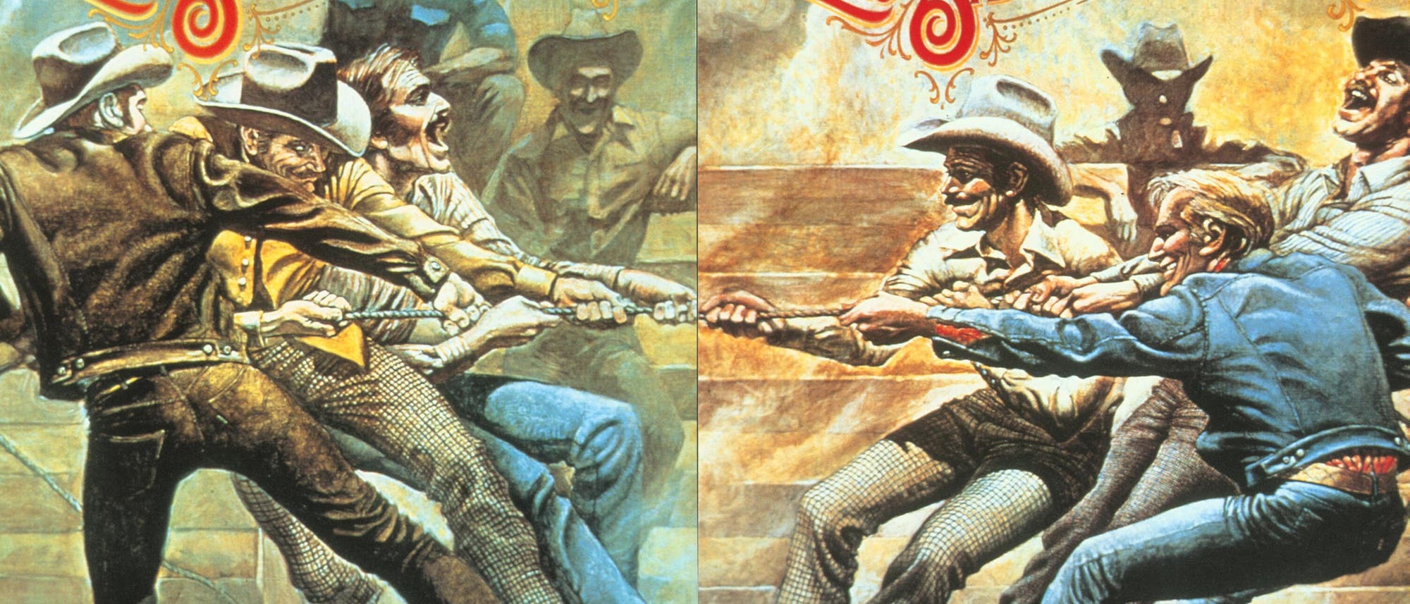 Eine Vintage-Werbung für Levi's Saddleman Boot Jeans zeigt zwei Gruppen von Cowboys, die ein Tauziehen veranstalten. Die Cowboys tragen typische Westernkleidung, einschließlich Hüte und Jeans. Oben im Bild ist der Schriftzug "Levi's Saddleman Boot Jeans" in auffälliger, geschwungener Schrift zu sehen. Die Szene vermittelt ein Gefühl von Stärke und Wettbewerb. Die Illustration ist in einem klassischen, gemalten Stil gehalten. Eine Vintage-Werbung für Levi's Saddleman Boot Jeans zeigt zwei Gruppen von Cowboys, die ein Tauziehen veranstalten. Die Cowboys tragen typische Westernkleidung, einschließlich Hüte und Jeans. Oben im Bild ist der Schriftzug "Levi's Saddleman Boot Jeans" in auffälliger, geschwungener Schrift zu sehen. Die Szene vermittelt ein Gefühl von Stärke und Wettbewerb. Die Illustration ist in einem klassischen, gemalten Stil gehalten.
