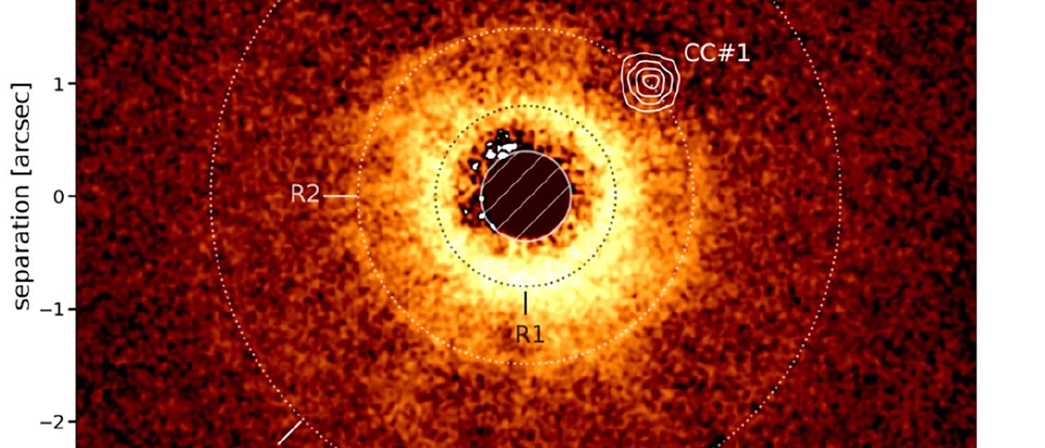 Diese Aufnahme des Very Large Telescope (VLT) der ESO zeigt die lichtschwache Umgebung des Sterns TWA 7 (Mitte, verdeckt mit einer Blende). In der Staubscheibe bilden sich Planeten. Der neue Exoplanet befindet sich im Ring R2 in einer Lücke rechts oben, die mit CC#1 markiert ist (weiße Konturlinien). Diese Aufnahme des Very Large Telescope (VLT) der ESO zeigt die lichtschwache Umgebung des Sterns TWA 7 (Mitte, verdeckt mit einer Blende). In der Staubscheibe bilden sich Planeten. Der neue Exoplanet befindet sich im Ring R2 in einer Lücke rechts oben, die mit CC#1 markiert ist (weiße Konturlinien).
