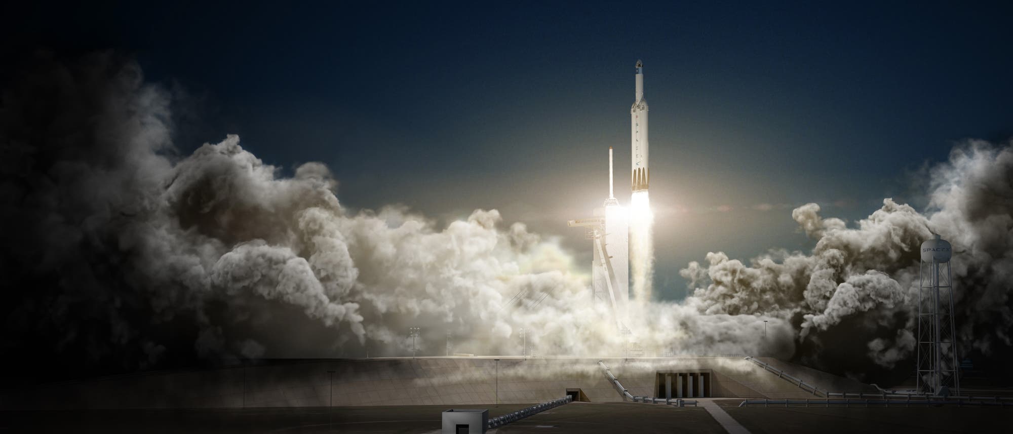Künstlerische Darstellung vom Start der Falcon Heavy mit Dragon-Kapsel