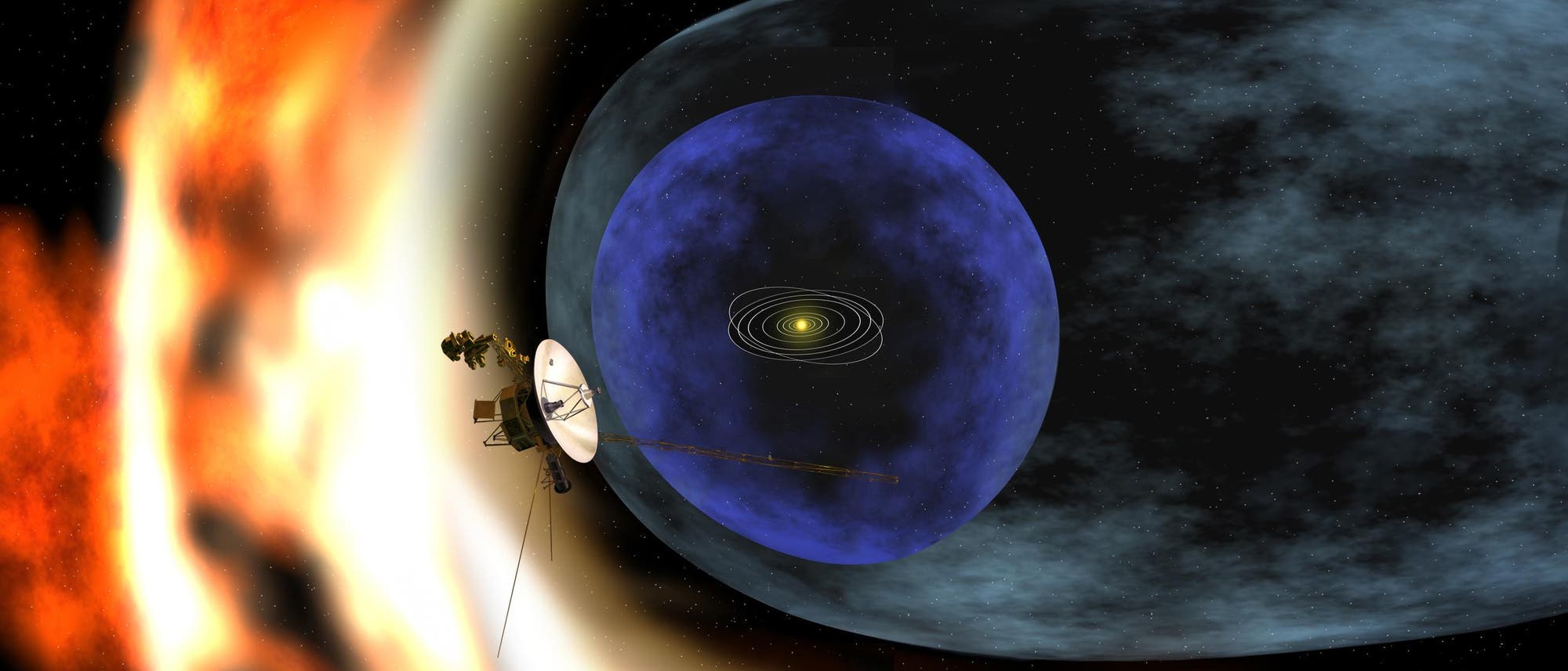 Künstlerische Darstellung einer Voyager-Raumsonde am Rand des Sonnensystems