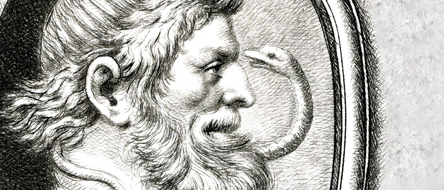 Zeichnung mit Darstellung des römischen Gotts Aesculapius mit einer Schlange um das Haupt.