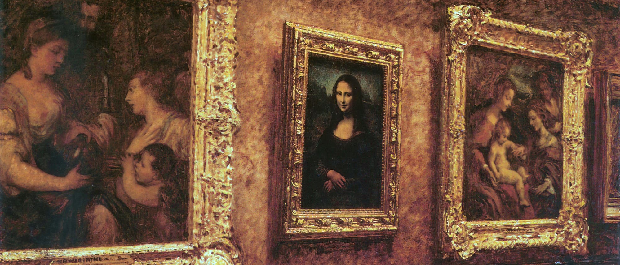 Gemälde von Louis Bérard: die Mona Lisa im Jahr 1911 in ihrer Museumsumgebung.