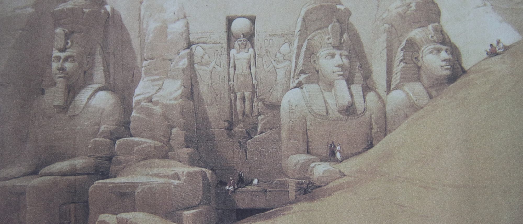 Zeichung der Monumentalstatuen vor dem Ramses-Tempel von Abu Simbel