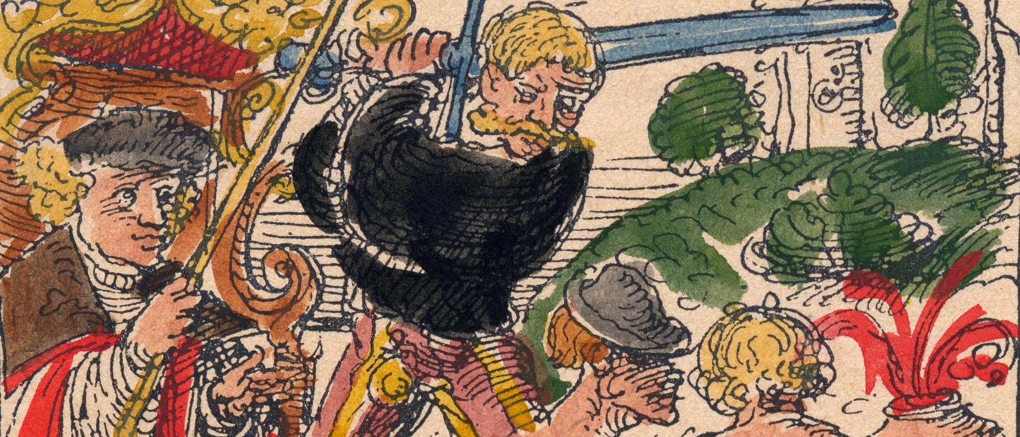 Eine mittelalterliche Illustration zeigt eine Szene mit mehreren Personen. Ein Mann in schwarzer Kleidung hebt ein Schwert, während er von anderen Figuren umgeben ist. Links hält eine Person mit rotem Umhang einen Gegenstand. Im Hintergrund sind dekorative Elemente und Bäume zu sehen. Die Szene wirkt lebhaft und detailreich, mit kräftigen Farben und stilisierten Formen.