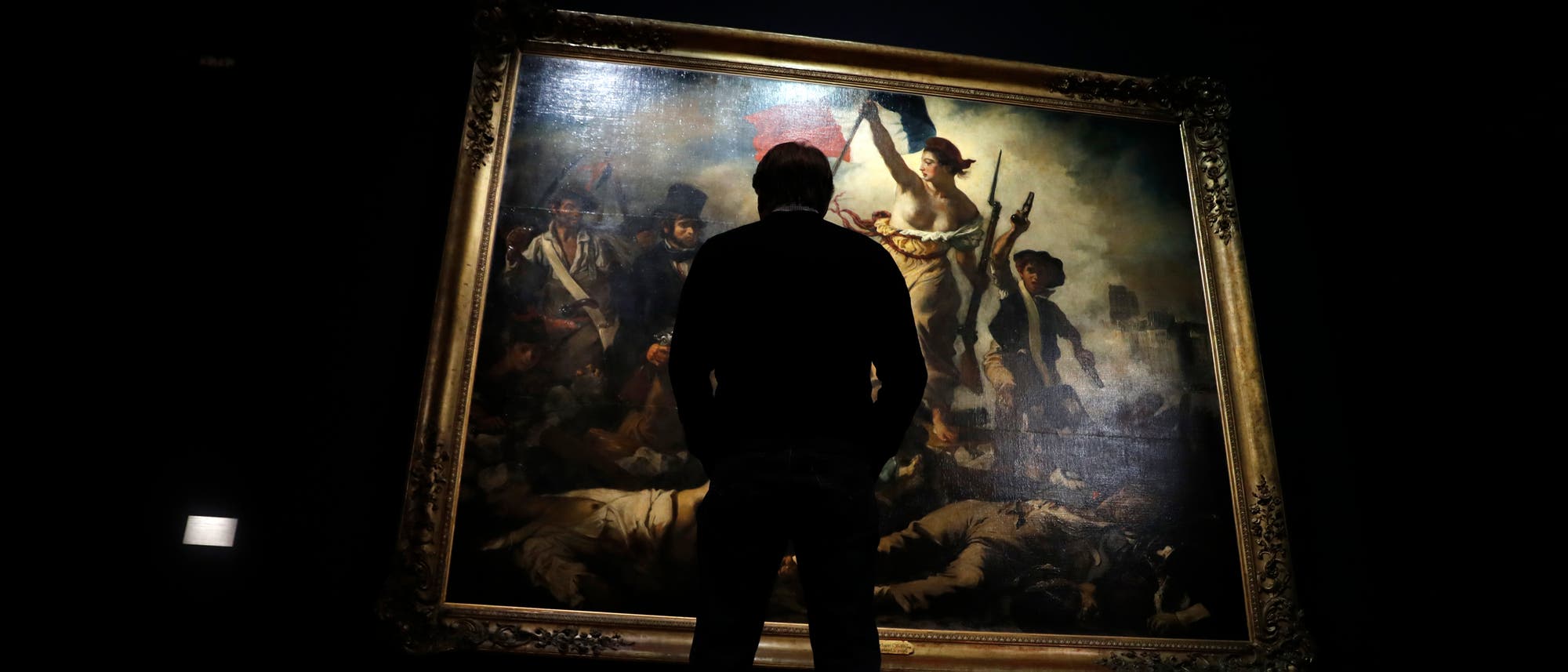 Ein Mann als Silhouette vor dem Gemälde »Die Freiheit führt das Volk«