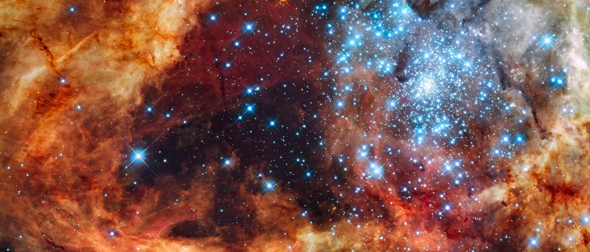 Ein farbenpr&auml;chtiges astronomisches Bild zeigt einen dichten Sternenhaufen inmitten einer leuchtenden Gas- und Staubwolke: Die Sternbildungsregion R 136 in der Gro&szlig;en Magellanschen Wolke. Die Sterne leuchten in verschiedenen Blaut&ouml;nen, w&auml;hrend die umgebenden Wolken in warmen Rot- und Braunt&ouml;nen erscheinen. Das Bild vermittelt die Weite und Komplexit&auml;t des Universums und hebt die Sch&ouml;nheit und Vielfalt der kosmischen Strukturen hervor.