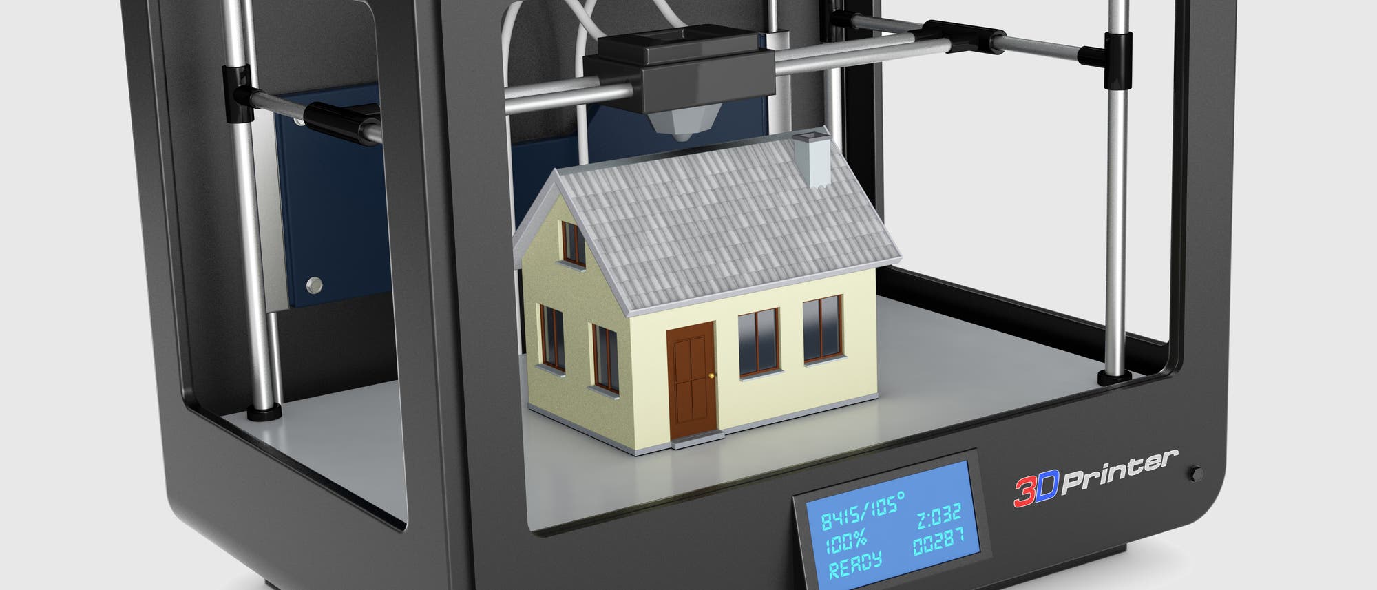 Ein stilisiertes Haus in einem 3-D-Drucker