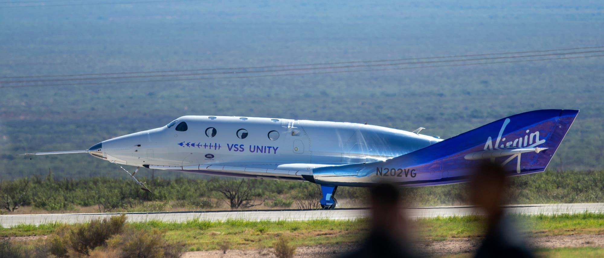 Landung der VSS Unity von Virgin Galactic am Weltraumbahnhof in New Mexico im August 2023.