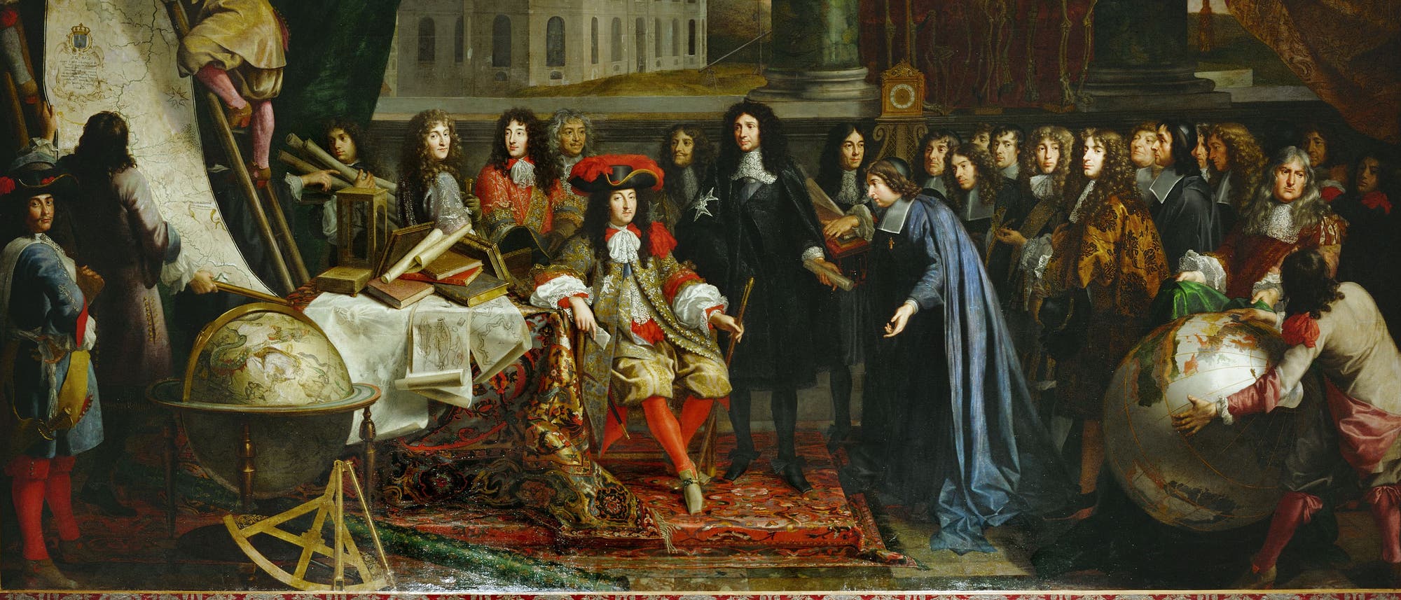 Finanzminister Jean-Baptiste Colbert stellt Ludwig XIV. die Mitglieder der Akademie der Wissenschaften vor. Gemälde von Henri Testelin (1616-1695)