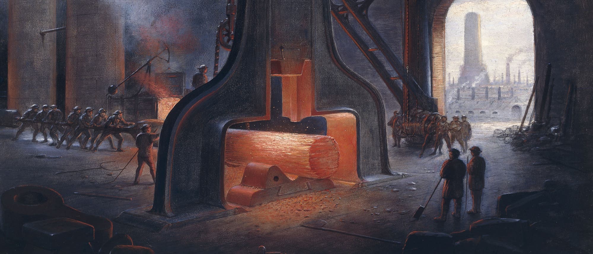 Bild einer Stahlfabrik, in der Männer mit einem großen dampfbetriebenen Schmiedehammer einen Stahlblock bearbeiten.